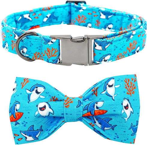 Shark Print Bowtie Dog Collar for Boys, Soft Durable Adjustable Collar for X-Large Dogs