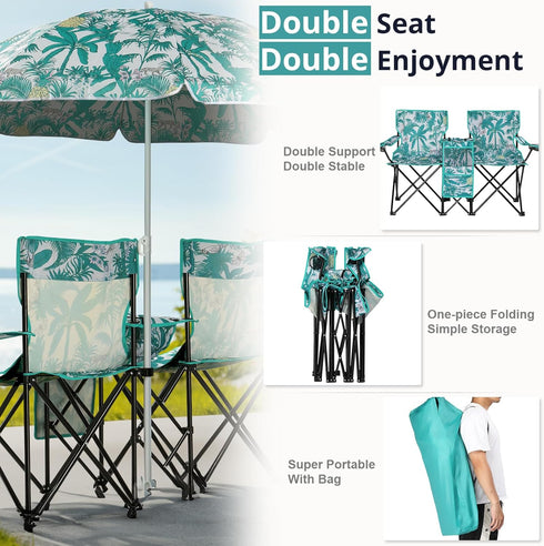 2 Double Camping Chairs with Umbrella, Portable Seat Folding Camp Chair with Cooler Bag, Beverage Holder, Carrying Bag