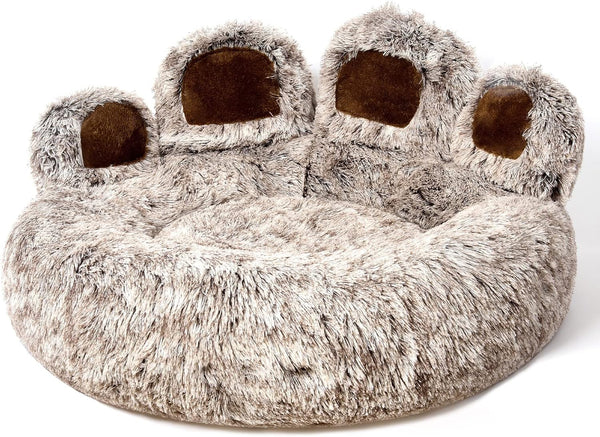Jiupety Cute Round Calming Dog Bed, Plush Paw Shape Bed for Medium Large Breed Dogs, Soft and Cozy with Bolster, Gray