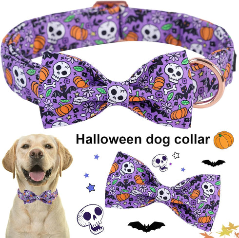 ARING PET Halloween Dog Collar - Cute Pumpkin Bowtie Cotton Purple Skull Bat Collars with Metal Buckle