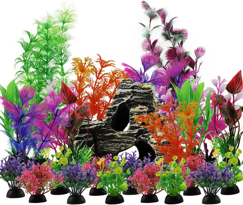 25pcs Aquarium Decorations Plants with Rockery View, Fish Tank Accessories and Rock Cave Hideout Ornaments