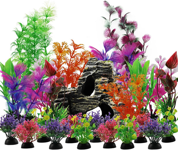25pcs Aquarium Decorations Plants with Rockery View, Fish Tank Accessories and Rock Cave Hideout Ornaments