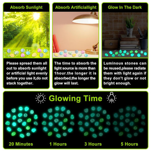200pc Luminous Glow Stones, Glow in The Dark Rocks for Aquarium, Potted Plant, Outdoor Decor (Green)