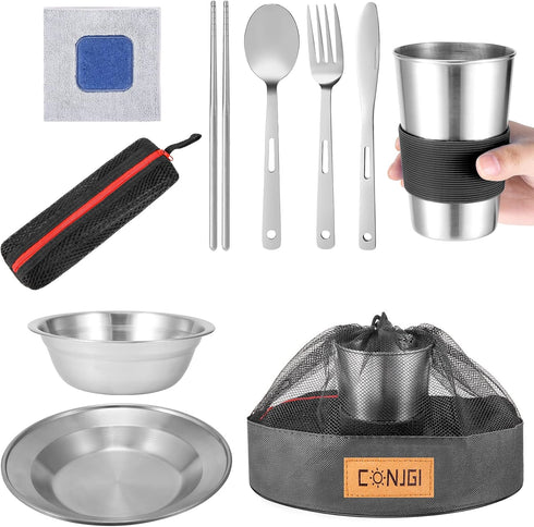 Outdoor Camping Mess Kit - 1 to 2 Persons Camping Dishes - Includes Cups, Bowls, Knives, Forks, Spoons