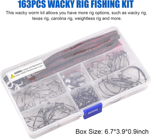Wacky Rig Worm Hooks Kit – 163pcs Bass Fishing Weedless Hooks, O Ring Sinkers, Fishing Swivels for Soft Stick Baits