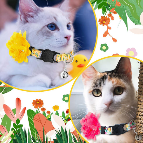 Weewooday 4 Pcs Spring Cat Collar for Girl Cats, Adjustable Flower Collars with Bell for Holiday Party and Daily