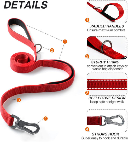TwoEar 5FT 1IN Strong Red Dog Leash with 2 Padded Handles, Traffic Handle for Extra Control, Reflective Walking Lead.