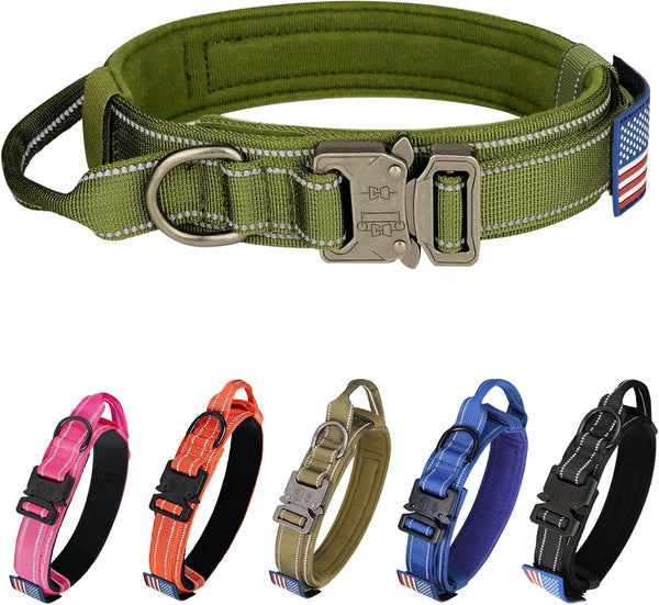 KCUCOP Tactical Dog Collar for Medium & Large Dogs - Heavy Duty Military Nylon with Handle, Reflective Strip & Metal