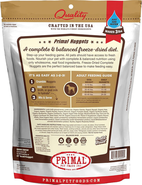 Primal Freeze Dried Dog Food Nuggets, Lamb, Complete & Balanced Meal, 14 oz