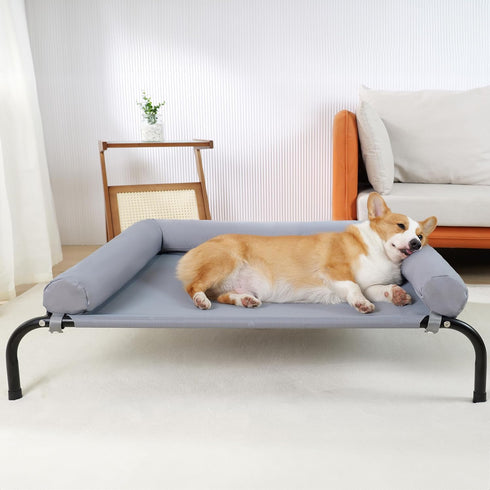 Cooling Elevated Dog Bed with Pillows - Portable Washable Raised Dog Cot with Chew Proof Mesh, Medium, Gray