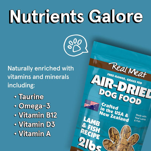 Real Meat Air Dried Dog Food with Real Lamb & Fish, 2lb Bag, Grain-Free, High-Protein, All-Natural