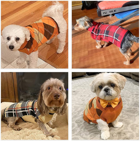 Dog Sweater - Classic Plaid Knitted Turtleneck for Small Medium Dogs and Cats, Warm Winter Clothing
