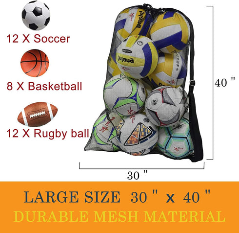 Heavy Duty Mesh Ball Bag, Drawstring Storage Bag for Basketball, Soccer, Sports Gear with Adjustable Strap