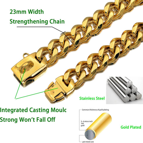Strong Gold Stainless Steel Dog Collars with Safety Buckle Lock, 23MM Cuban Link Training Collar for Small Medium &