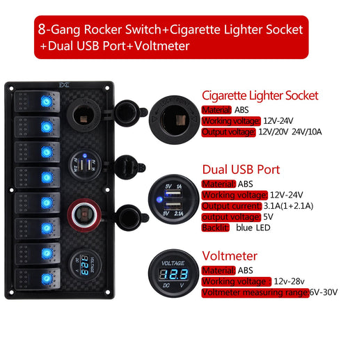 FXC 12V 24V Blue LED ON/Off Marine Multi Function Switch Panel - Waterproof 8 Gang Rocker Switch Panel
