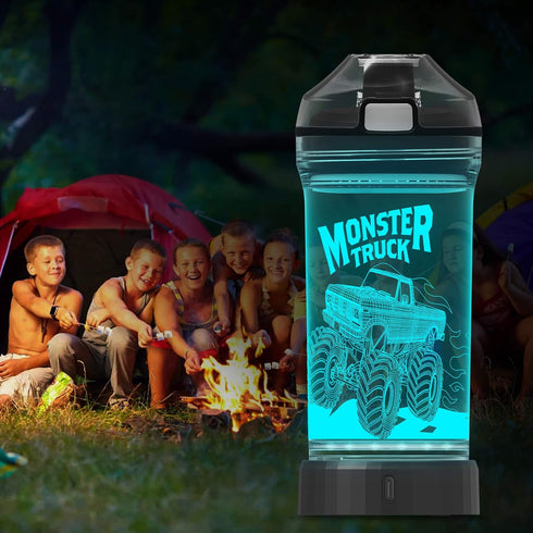 Lightzz Kids Water Bottle, 3D Glowing Monster Truck LED Light, 14 OZ Tritan BPA Free Travel Cup for Kids