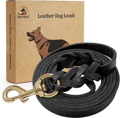 FAIRWIN Leather Dog Leash 6 Foot, Braided Heavy Duty Leash for Large Medium Small Dogs, Black