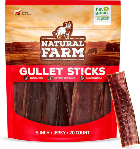 Natural Farm Beef Jerky Gullet Sticks Flat - 5-Inch (20-Pack), Grass-fed Beef,