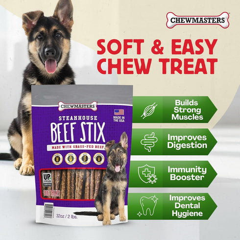 2 lb Chewmasters Beef Stix - Grass-Fed Beef Dog Treats, Soft Chewy Real Meat, Healthy Dog Treats for Training Rewards