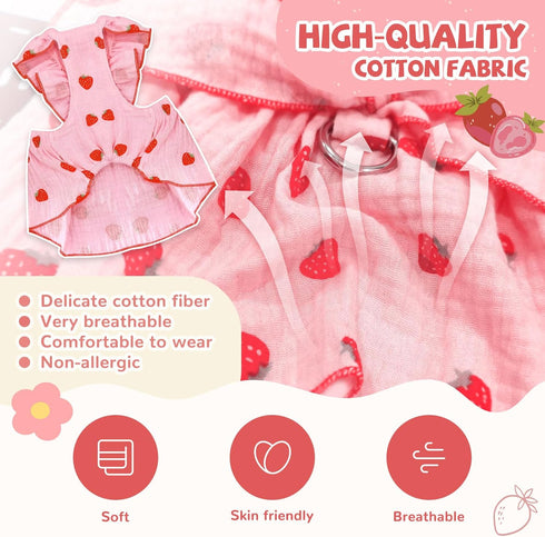 Dog Dresses for Small Dogs, Cute Cotton Summer Clothes with Bow Decor, Strawberry Birthday Outfit