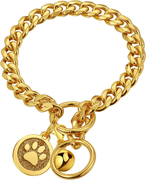 Gold Dog Collar - 10mm Slip Cuban Link Chain, Heavy Duty Stainless Steel Collar for Dogs (14")