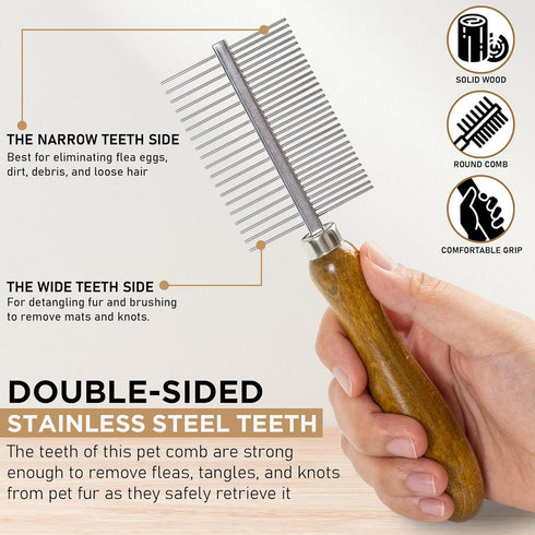 Takavu Double-Sided Detangling Pet Comb, Stainless Steel Teeth for Grooming Dogs, Cats & Other Animals