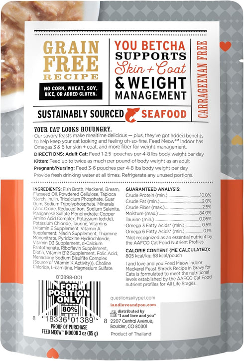 I AND LOVE AND YOU Feed Meow Indoor Wet Cat Food - Mackerel, Grain Free, Shredded, 3oz Pack of 12