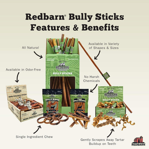 Redbarn Pet Products 12" Large All-Natural Bully Sticks for Dogs - 2 Count, Grain-Free, Low Odor Dental Treat