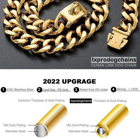 txprodogchains Big Dog Chain Collar with Buckle, Heavy Duty 19MM Thick Stainless Steel Gold Cuban Link for Large Dogs