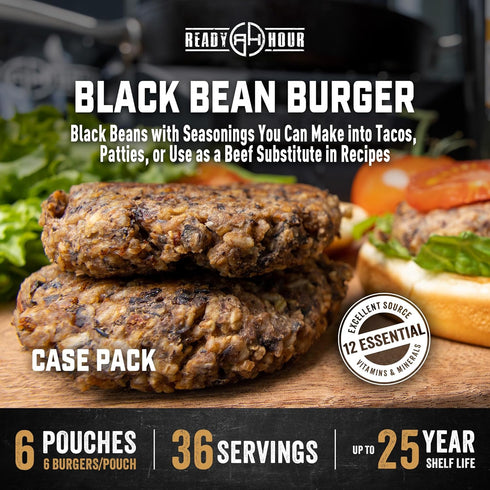 Pack 36 (6 Ready Hour Black Bean Burger Mix Case Servings Pouches) Emergency Vegetarian Food, Long Term Storage