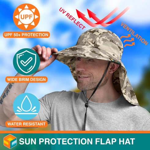 SUN CUBE Wide Brim Sun Hat with Neck Flap, UPF50+ Hiking Safari Fishing Hat for Men Women