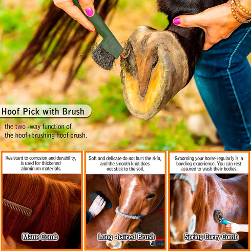 VECKYJL Set, 10Pcs Horse Grooming Kit, Horse Brush Horse Cleaning Kit with Brush, Sweat Scraper, Curry Comb, Hoof Pick