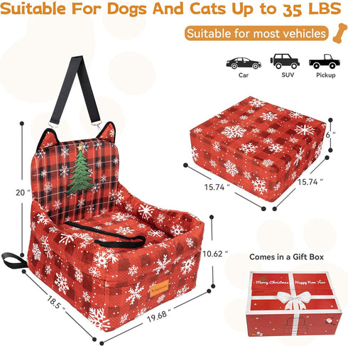 CABZOON 35lbs,Elevated 2 Christmas Dog Car Seat for Small/Medium Dogs Up to Cushion Fits in Front/Back Seat,Travel