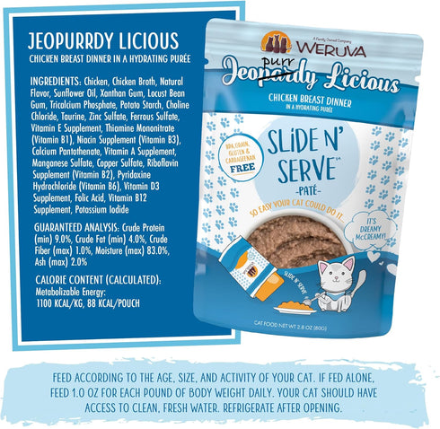 Weruva Slide N' Serve Paté Wet Cat Food, Jeopurrdy Licious Chicken Dinner, Pack of 12, 2.8oz Pouch
