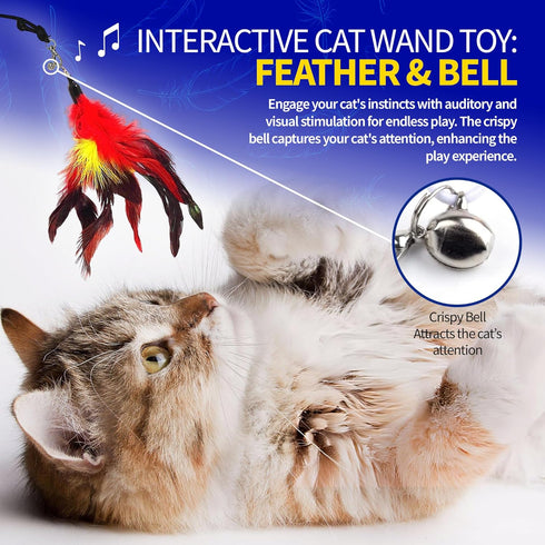 Pet Fit For Life Cat Feather Wand Toys, Red - Interactive Cat Wand Toy for Indoor Pets, 2 Feather Attachments
