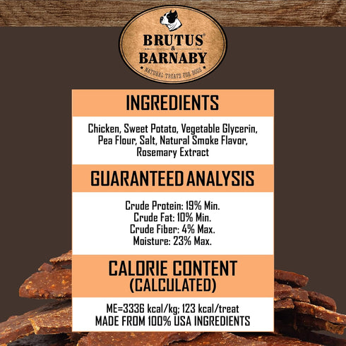 BRUTUS & BARNABY Chicken & Sweet Potato Jerky Dog Treats, Grain-Free, All Natural, High in Antioxidants