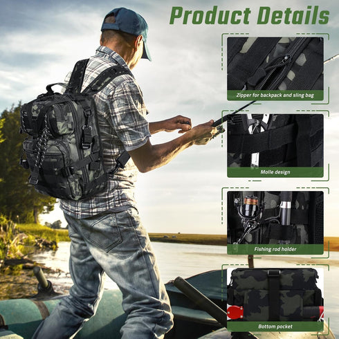 Fishing Tackle Backpack, Military Tactical Sling Bag, Fishing Gear Storage, Molle Assault Pack for Hiking Rucksack