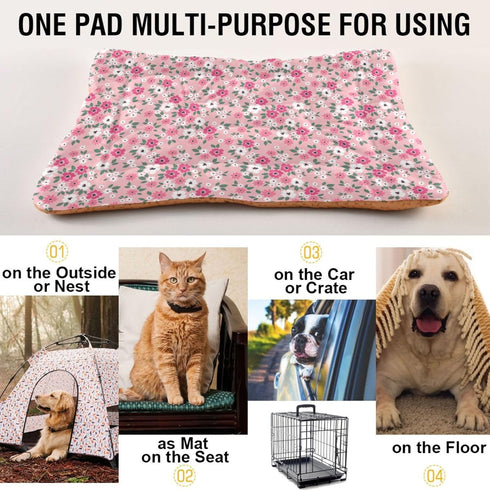 Pink Floral Pet Bed Pad, Soft Dog Bed Mat with Anti-Slip Bottom, Machine Washable Crate Pad for Dog Sleeping