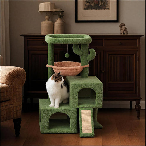 37.4" Cozy Hammock AIWIKIDE Cactus Cat Tree Tower with Twin Cat Condos for Indoor Cats, All-in-One Activity Center