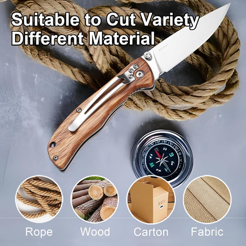 Folding Pocket Knife with Liner Lock, 8Cr13MoV 3.74" Stainless Steel Blade, Brown Wood Handle for Outdoor Camping