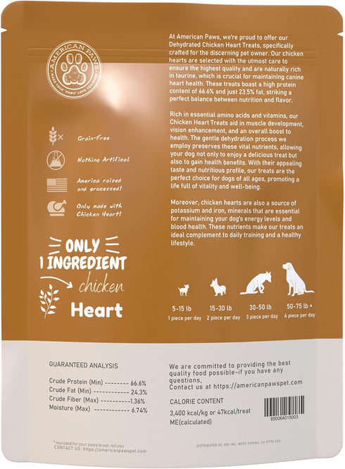 American Paws Dehydrated Chicken Hearts Dog Treats, Only One Ingredient, No Additives, Made and Sourced in USA
