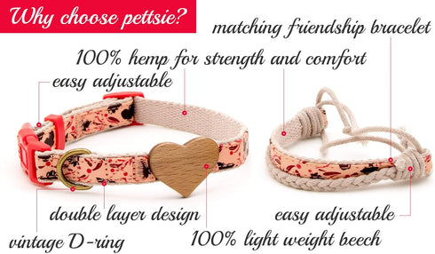 Pettsie Dog Heart Collar & Matching Bracelet - Adjustable Durable Hemp for Dog Owners, Small & Medium Sizes