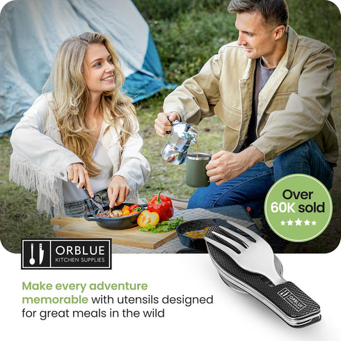 Orblue 4-in-1 Camping Eating Utensils, 2-Pack, Portable Spoon, Fork, Knife & Bottle Opener Combo Set, Black