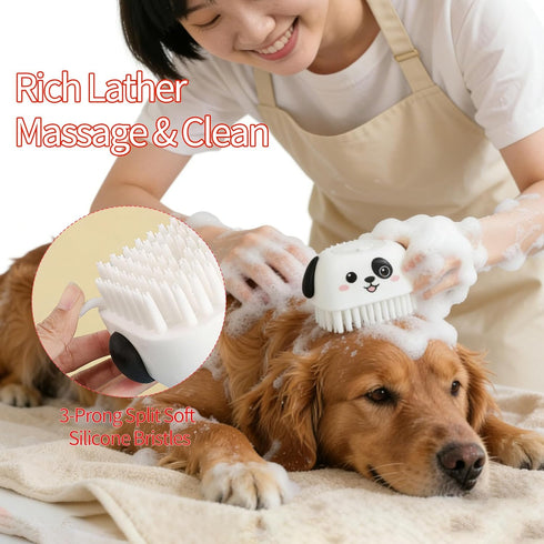 NOWANDBIRD 3PCS 2 Pet Grooming Kit Dog Bath Brush with Soap Dispenser & Finger Toothbrushes | Silicone Dog Shampoo