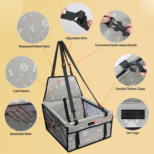 PetsHome Dog Car Seat, Foldable Booster Seat, Waterproof Oxford Travel Bag for Small to Medium Dogs, Pattern Grey