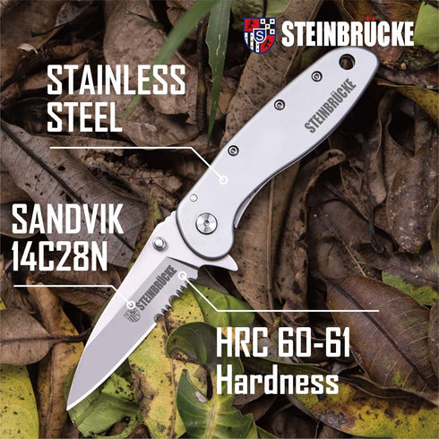 Folding Pocket Knife with Clip - 3.1” Sandvik 14C28N Stainless Steel Blade, Titanium Coated Serrated, SS410 Handle for