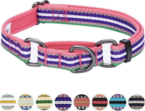Blueberry Pet 4 Colors 3M Reflective Multi-colored Stripe Martingale Safety Training Dog Collar, Large, Pink Emerald