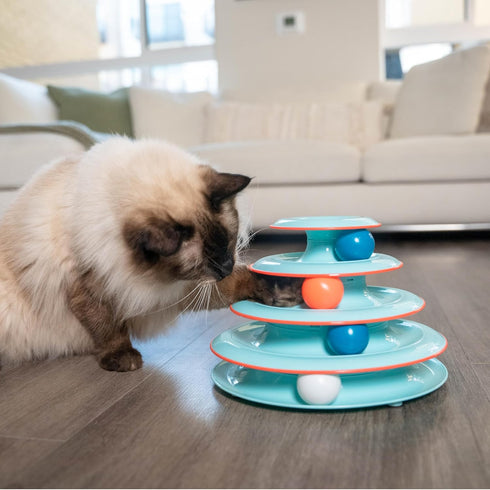 4-Tier 4 Catstages Chase Meowtain Interactive Cat Track Toy Spinning Balls, Non-Slip Base, Ideal for Indoor Cats, Blue