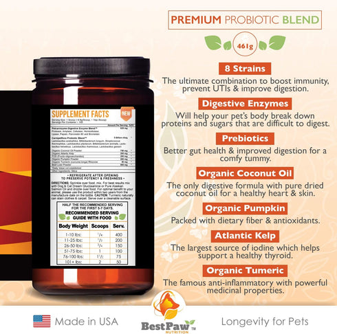 Best Paw Nutrition Premium Probiotic Prebiotic & Digestive Enzymes for Dogs & Cats, 5 Billion CFU, Organic Turmeric &