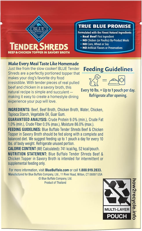 2.5-oz. 24-Count Blue Buffalo Tender Shreds Beef & Chicken Toppers in Savory Broth, Natural Dog Food Complement, Beef